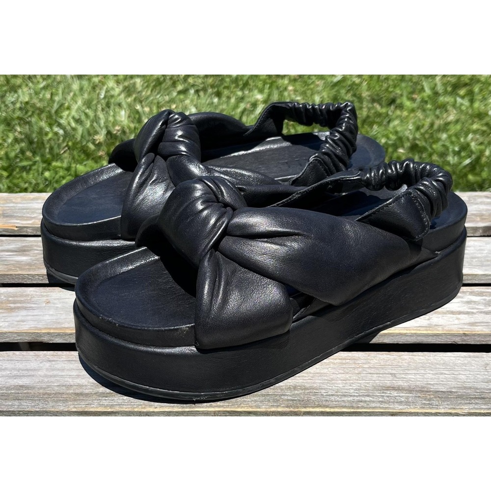 Silent D Sandals Womens Size 6 Black Leather Platform Knot Bow Slingback Wedge